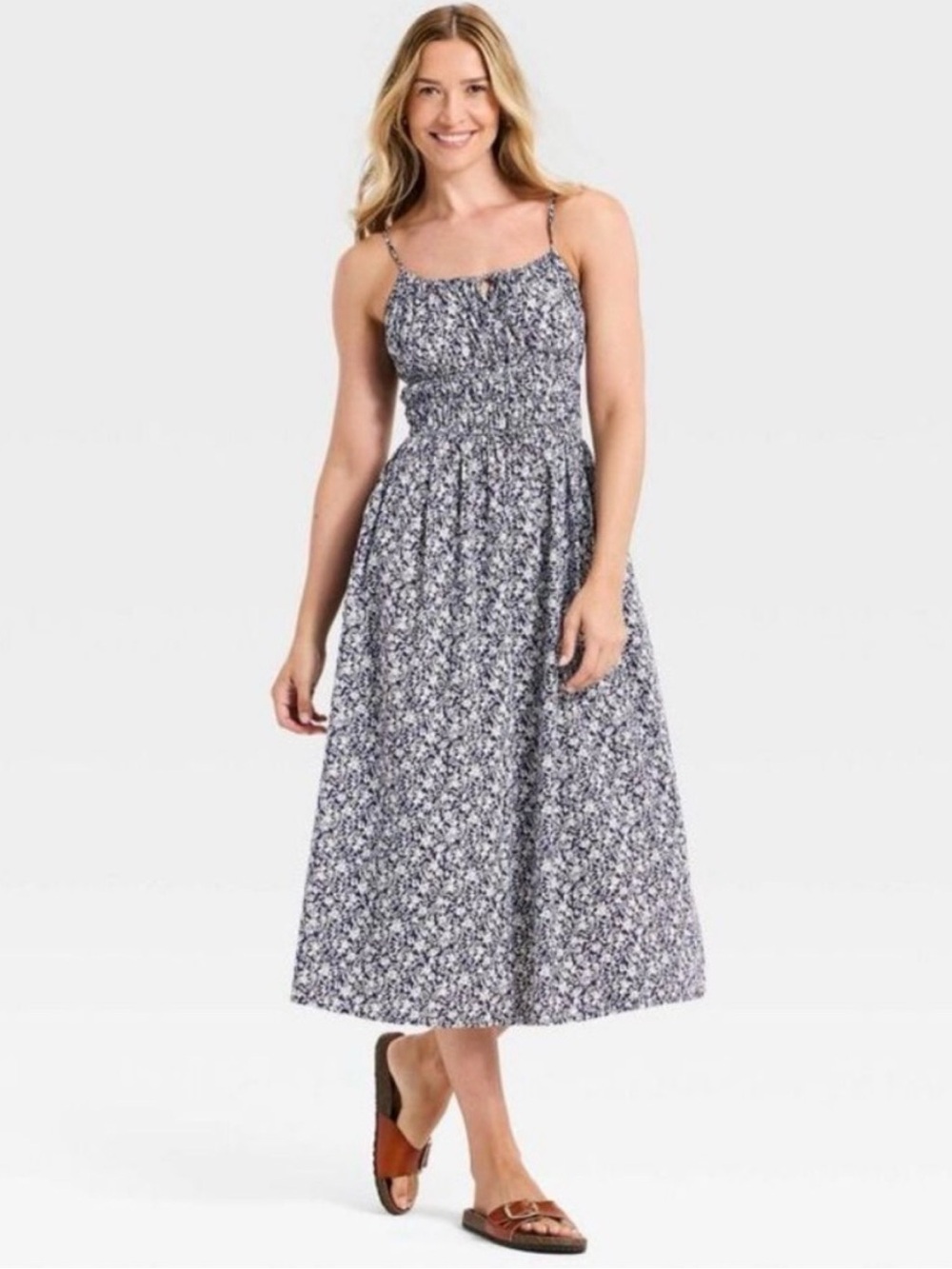 Universal Thread Sleeveless Smocked Midi Sundress Navy Blue Floral